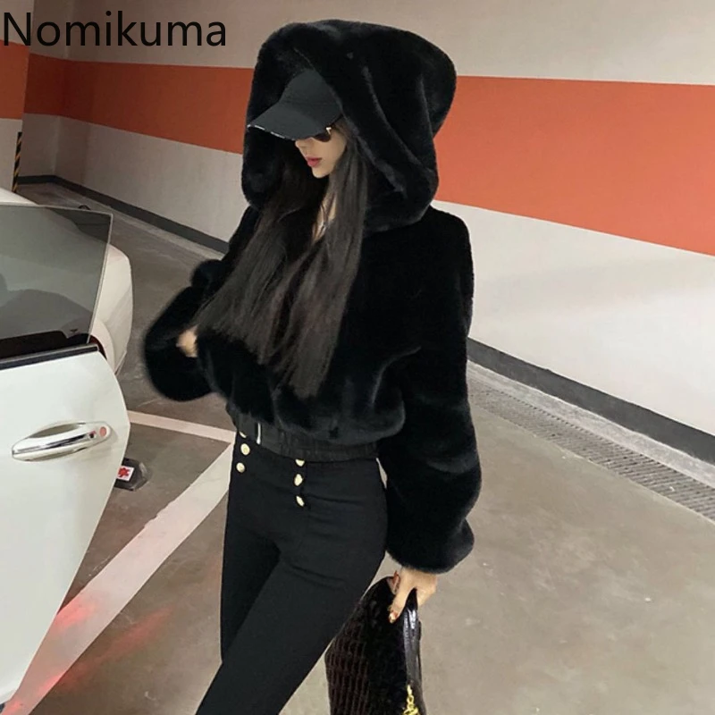 2024 Women\'s Clothing Streetwear Black Crop Jackets High Waist Furry Korean Outwear Y2k Tops Hooded Fashion Casual Soft Coats