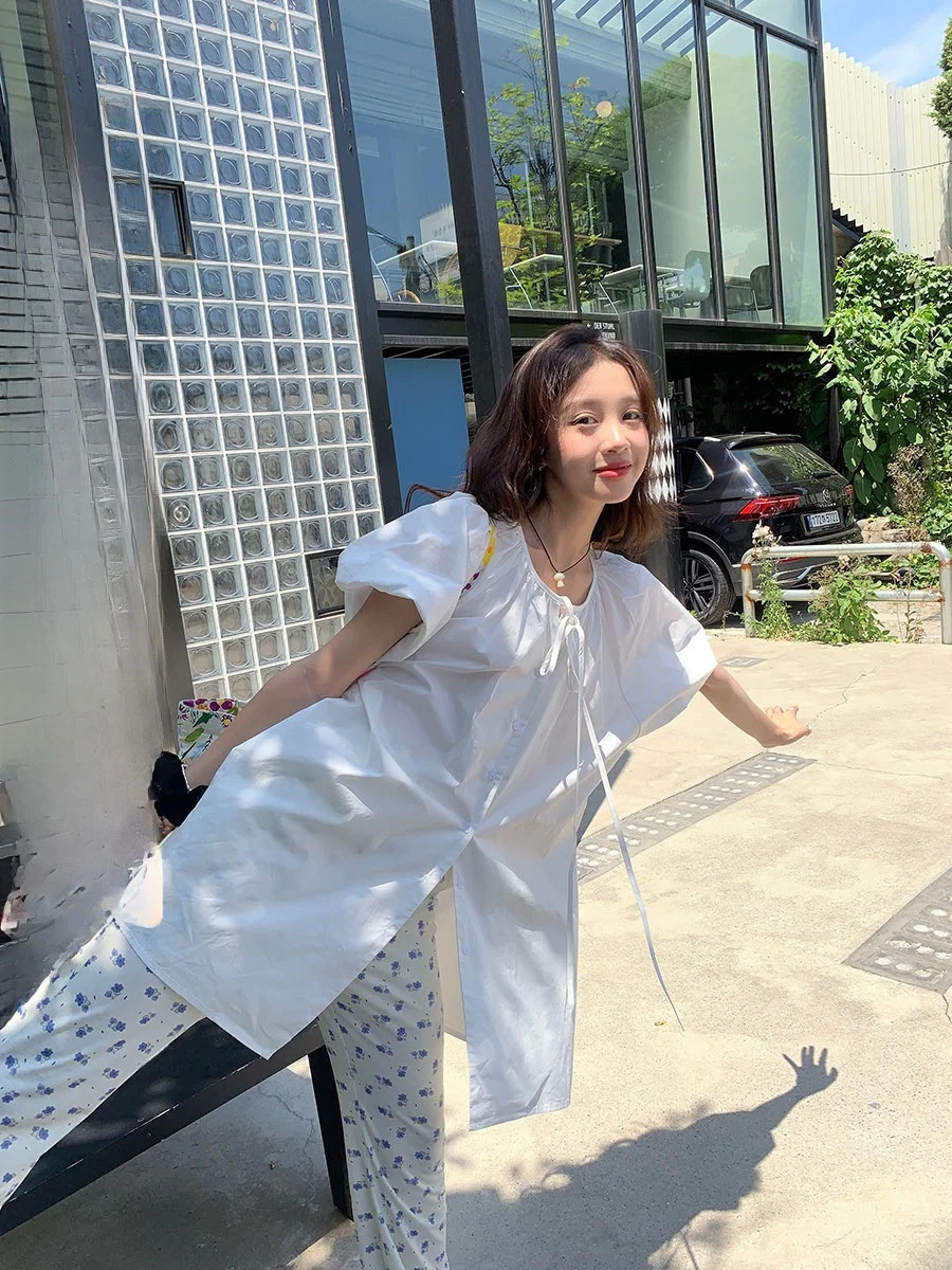 

Sinbounboun женские Bubble Sve Midi irt Loose Fit ort Sve Sweet Sle College Faion защита от солнца чистый цвет