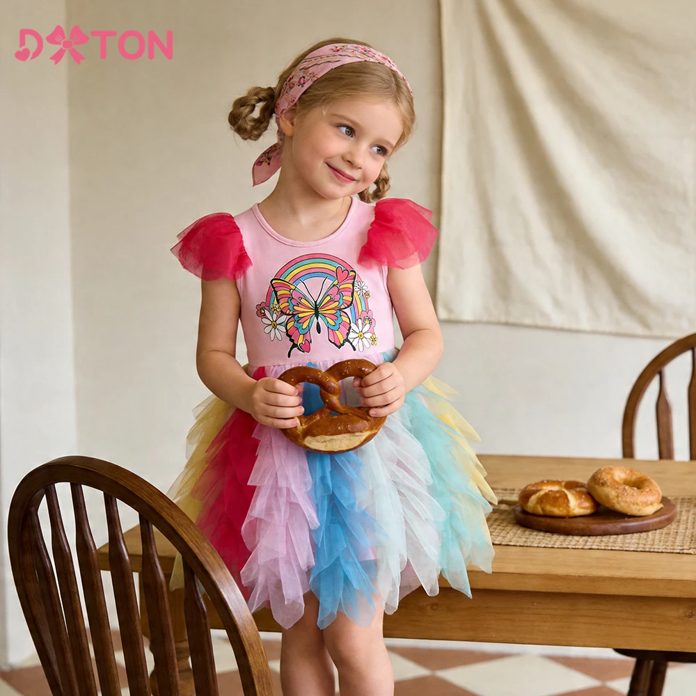 DXTON Robe de princesse d'été sans manches en maille à volants papillon pour filles, robe tutu irrégulière pour enfants, idéale pour les vacances et les fêtes