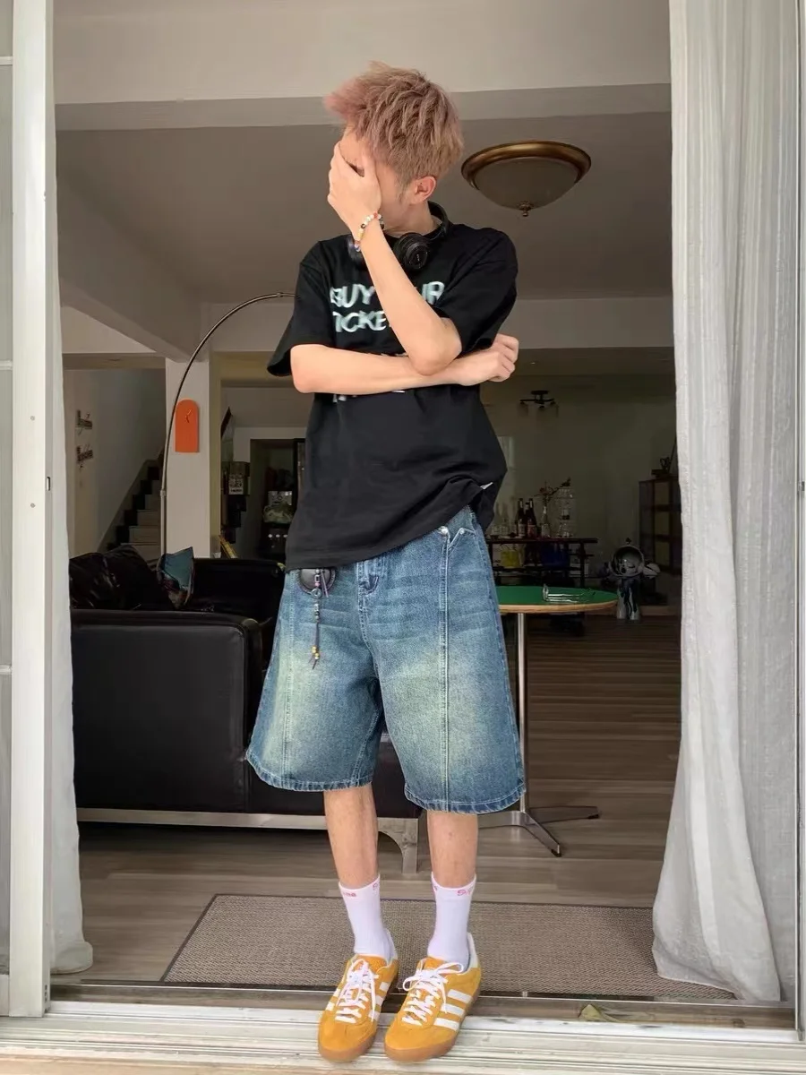 

Мужские джинсы свободного прямого кроя в стиле ретро American Vibe, модный дизайн High Street, с эффектом потертости, длина до колена, повседневная одежда