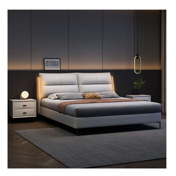 

For Modern Luxury Lamp Light Headboard Bedroom Furniture Leather King Size Bedroom Set with Storage Function Bed