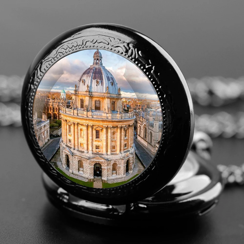 Reloj de bolsillo de cuarzo con collar de cadena para hombres y mujeres, famosa arquitectura de la Universidad de Oxford, colección Vintage, regalos