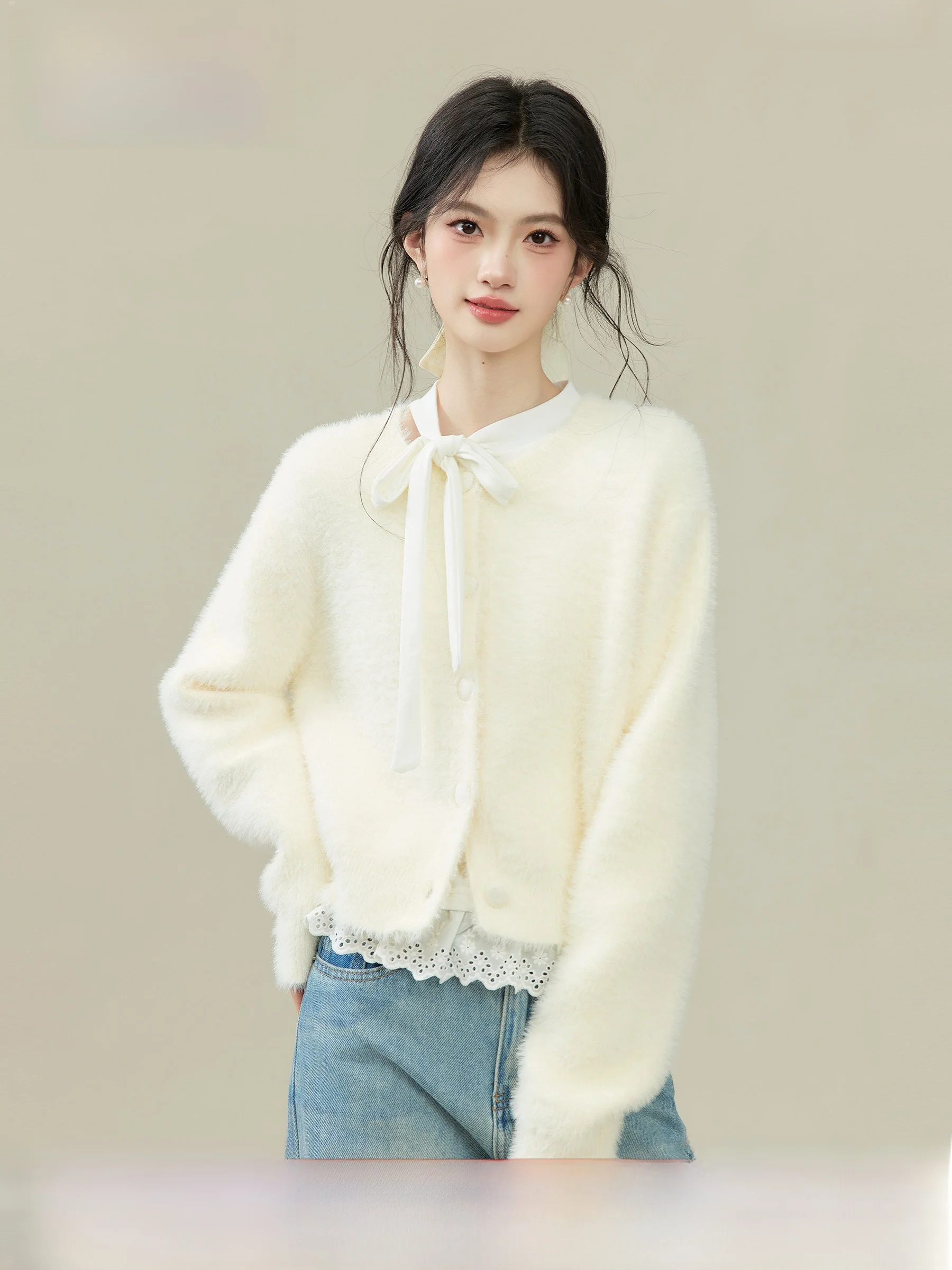 

Вязаный кардиган Lingjiu в стиле Lazy Style для женщин, розовый, мягкий, удобный, с длинными рукавами, круглым вырезом, на весну