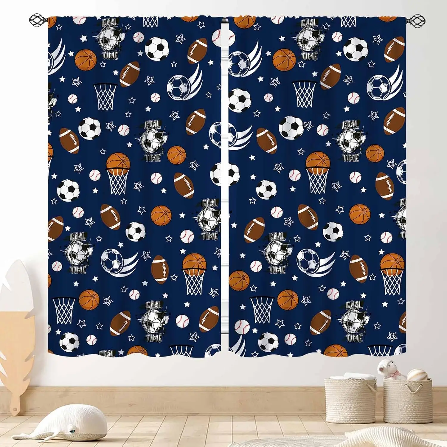 Basketball Curtains for Boys Bedroom, Kids Sports American Football Soccer Baseball Teens Men Gaming Theme Window Drapes