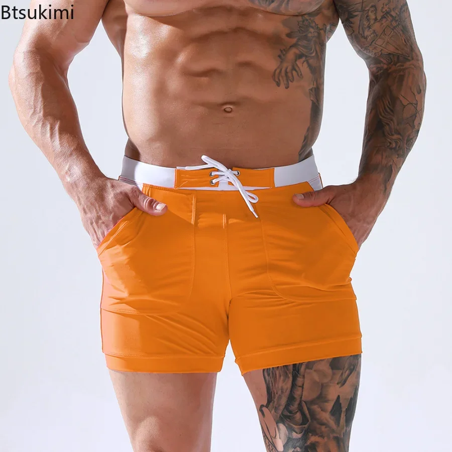 Men\'s Summer Swimwear Shorts Quick Dry Swimming Trunks Surf Board Solid Shorts Boxer Briefs Swimsuit Beach Sun Bathing Shorts