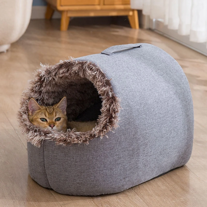 Pet Closed Type Cat Bed Outdoor Carrying Nest Cat Sleep Bag Winter Long Plush Cat Cushion Cat House Warm Non-slip Pet Kennel