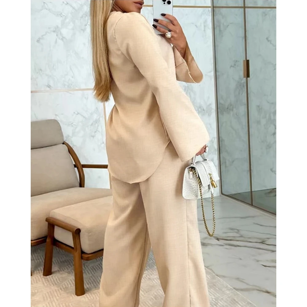 Women Asymmetrical Hem Notch Neck Long Sleeve Top & Drawstring Straight Leg Pants Set Elegant Lady Work Wear