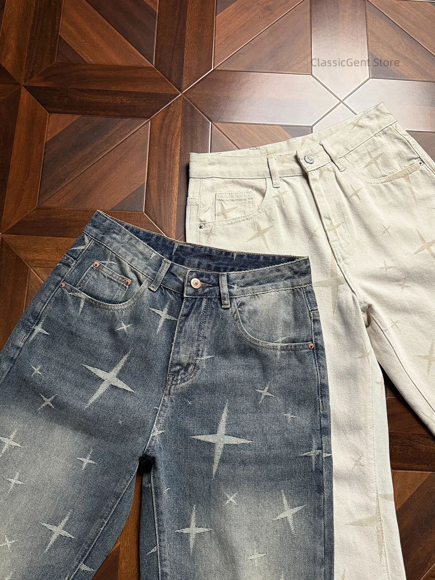 New Star print, eye-catching single item 11.3 ounces loose straight jeans