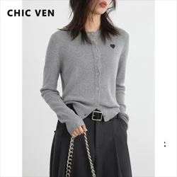 CHIC VEN Women Cardigan Loose Simple Contrasting Color Embroidered Knitted Sweaters Slim Fit Female Jumpers Spring Autumn 2024