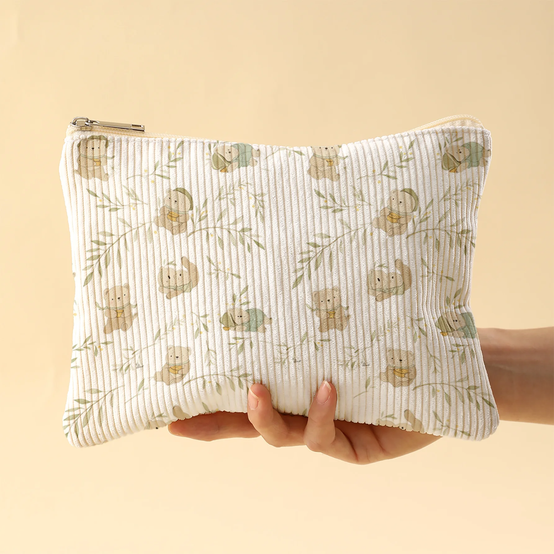 Corduroy Makeup Bag Large Capacity Velvet Texture Bear And Leaves 2D Print with Smooth Zipper Fits Foundation/Eyeshadow