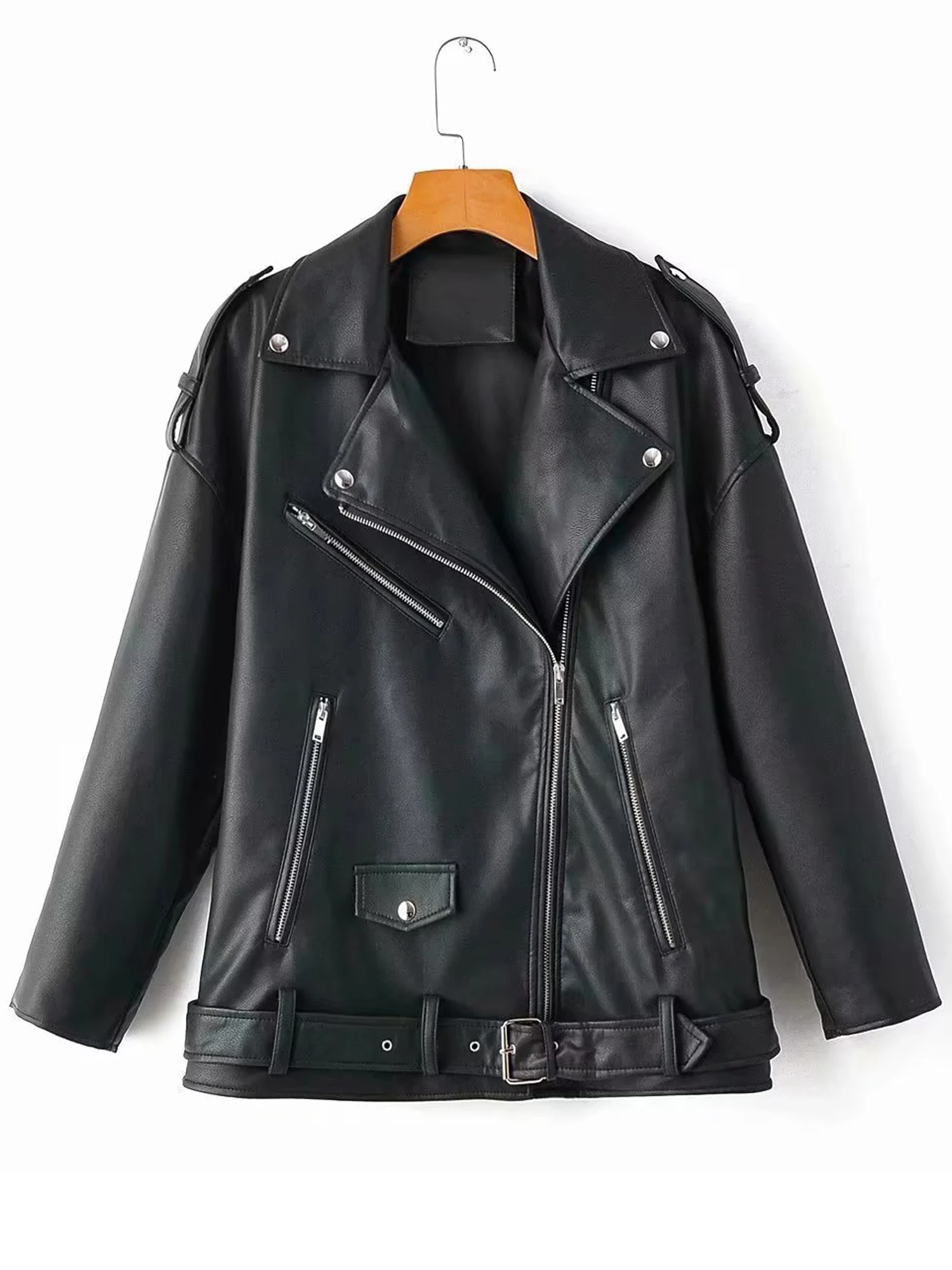 Giacca in pelle Pu allentata con cerniera nera abbigliamento da strada bavero manica lunga cappotto donna moda marea autunno inverno 2023