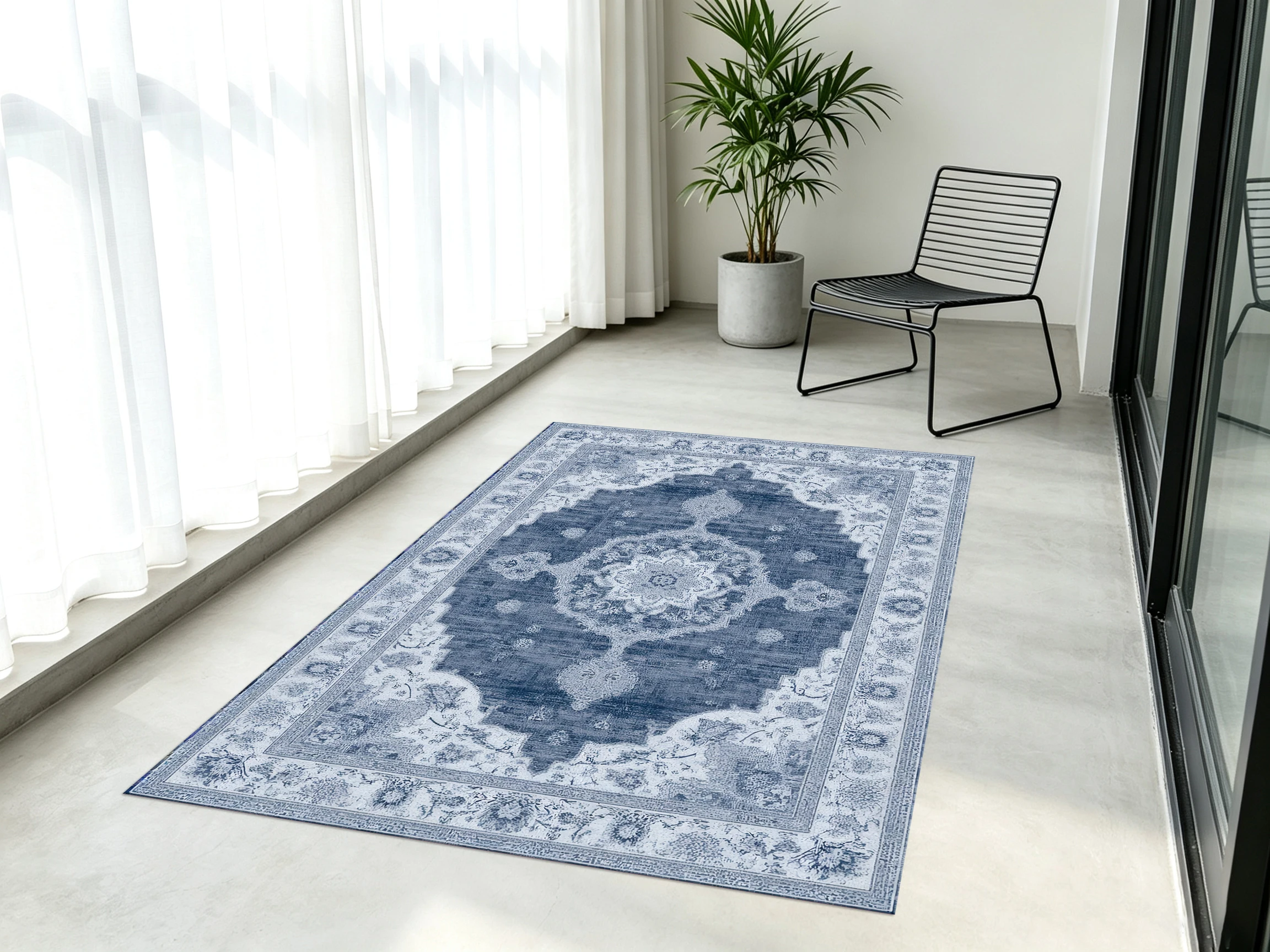 Classic Symmetrical Pattern 2D Rug, Off-White & Blue Tone, European Retro Style, Smooth to the Touch, for Living Room &