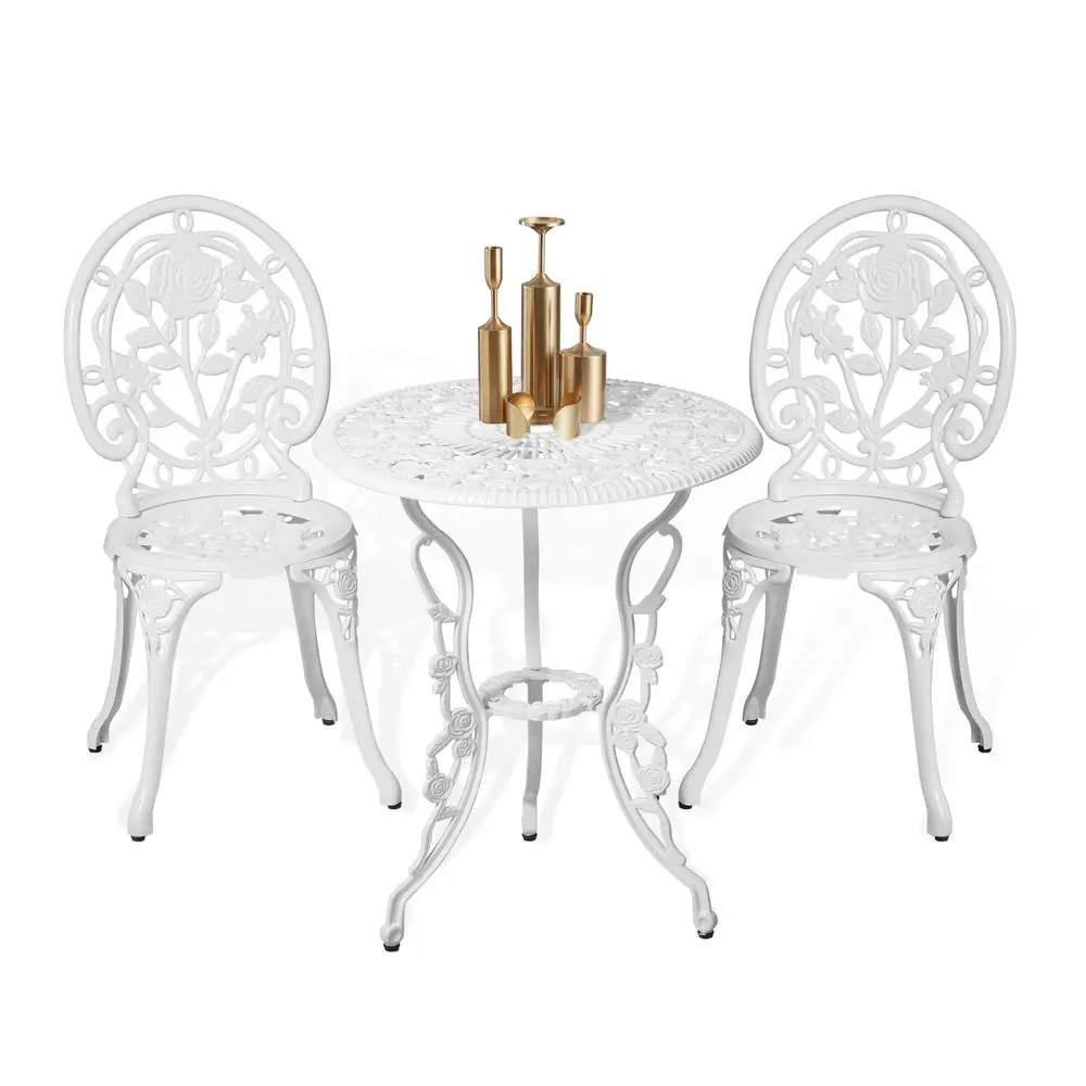 Juego de Mesa y Sillas de Bistró para Exteriores, 3 Piezas, con Patrón de Rosas, de Aluminio Fundido, para Jardín o Balcón, Resistente a la Oxidación