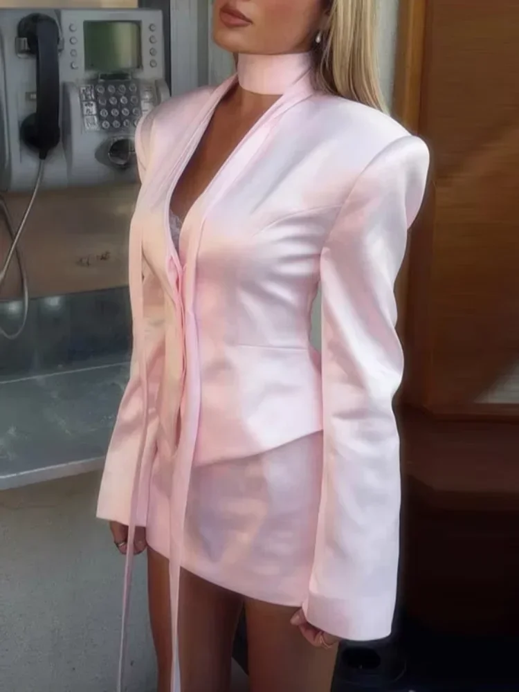 

Women Solid Cropped Satin Blazer Skirt Set V-neck Necktie Detail Mini Skirt Elegant Formal Party Office Outfit 2 Piece Suits Y2K