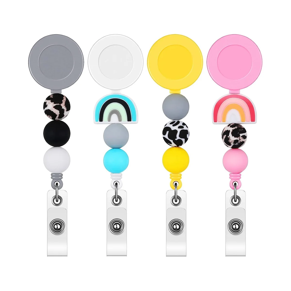 

4Pcs Badge Reel, Nurse Badge Reels Retractable Cute Silicone Beaded Badge Reel with Swivel Clip and Key Ring for Office