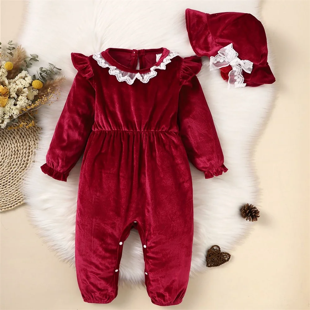 Christmas 2PCS Clothing Outfits Baby Girl Silky Romper with Hat Lace Neck Long Sleeve Jumpsuit Clothes for 0-2Years Toddler Girl