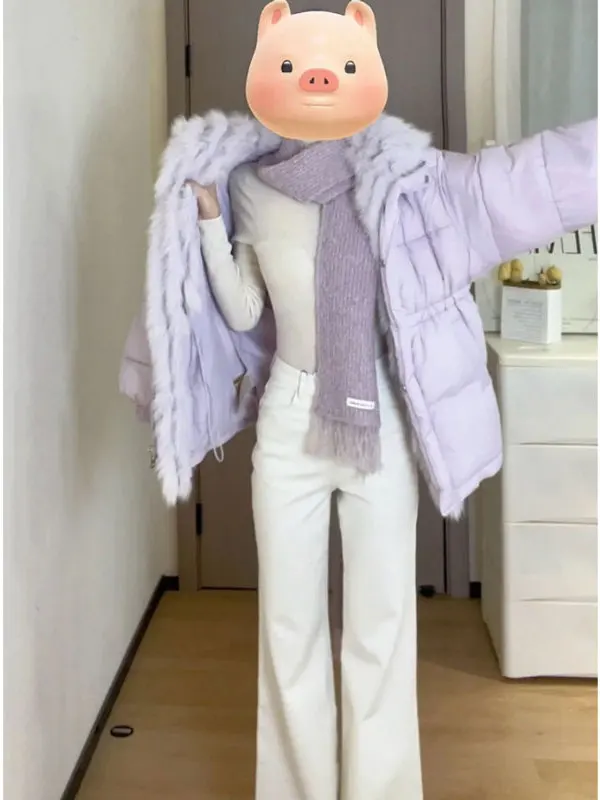 

Chic Purple Cotton Jaet Women's Faionable Slim Fit Coat Korean Sle Commute Long Sve Zipper round Ne Single Color