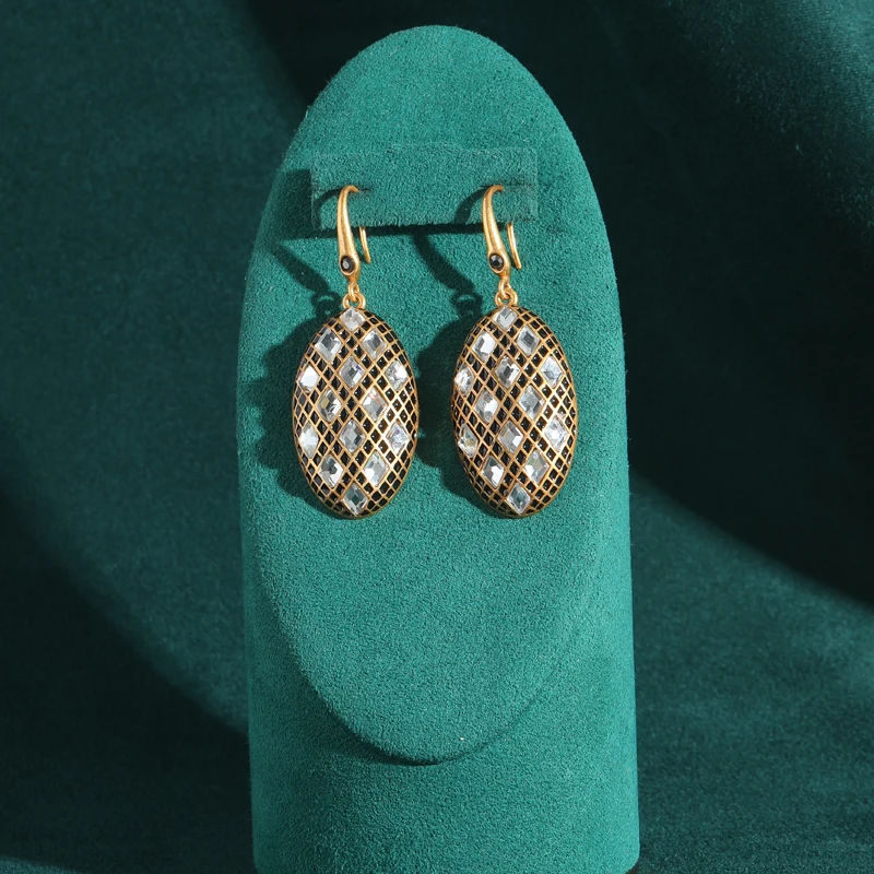 Vintage Mosaic Oval Earrings Luxury Antique High Quality White Gold Color Jewelry Classic Daily Wedding Anniversary Party Gifts