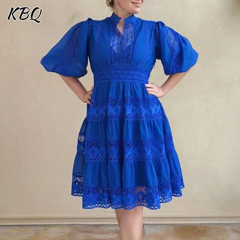 

KBQ Embroidery Solid Dresses For Women Stand Collar Puff Sleeve High Waist Folds Casual Loose Summer Mini Dress Female 2024 New