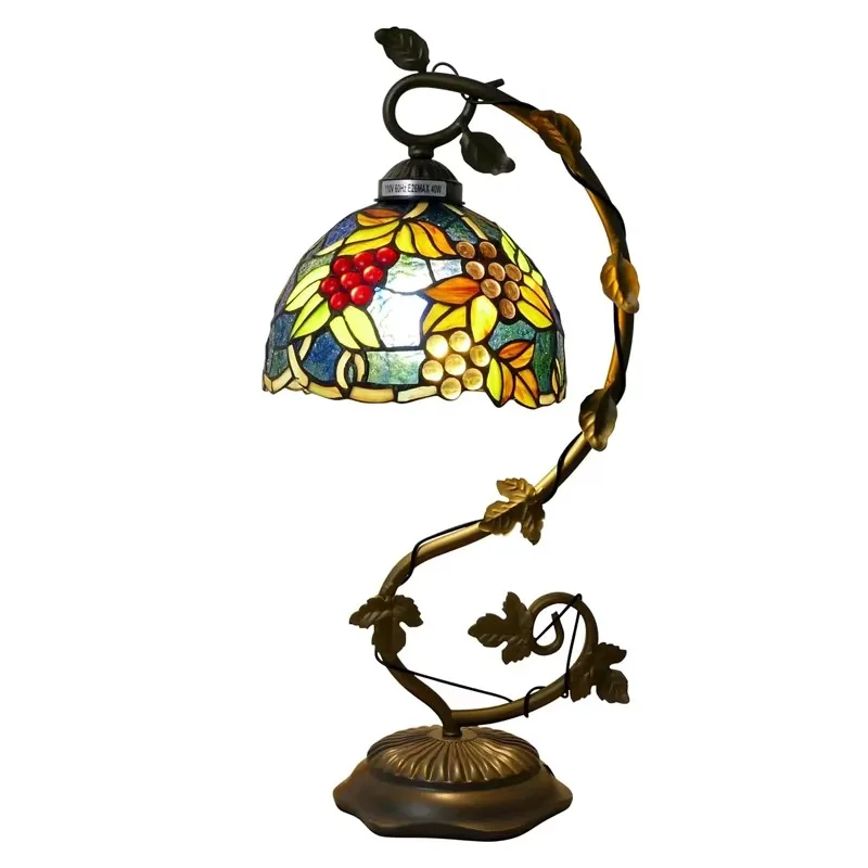 Table lamp blue grape floral style handmade stained glass desk retro reading lamp