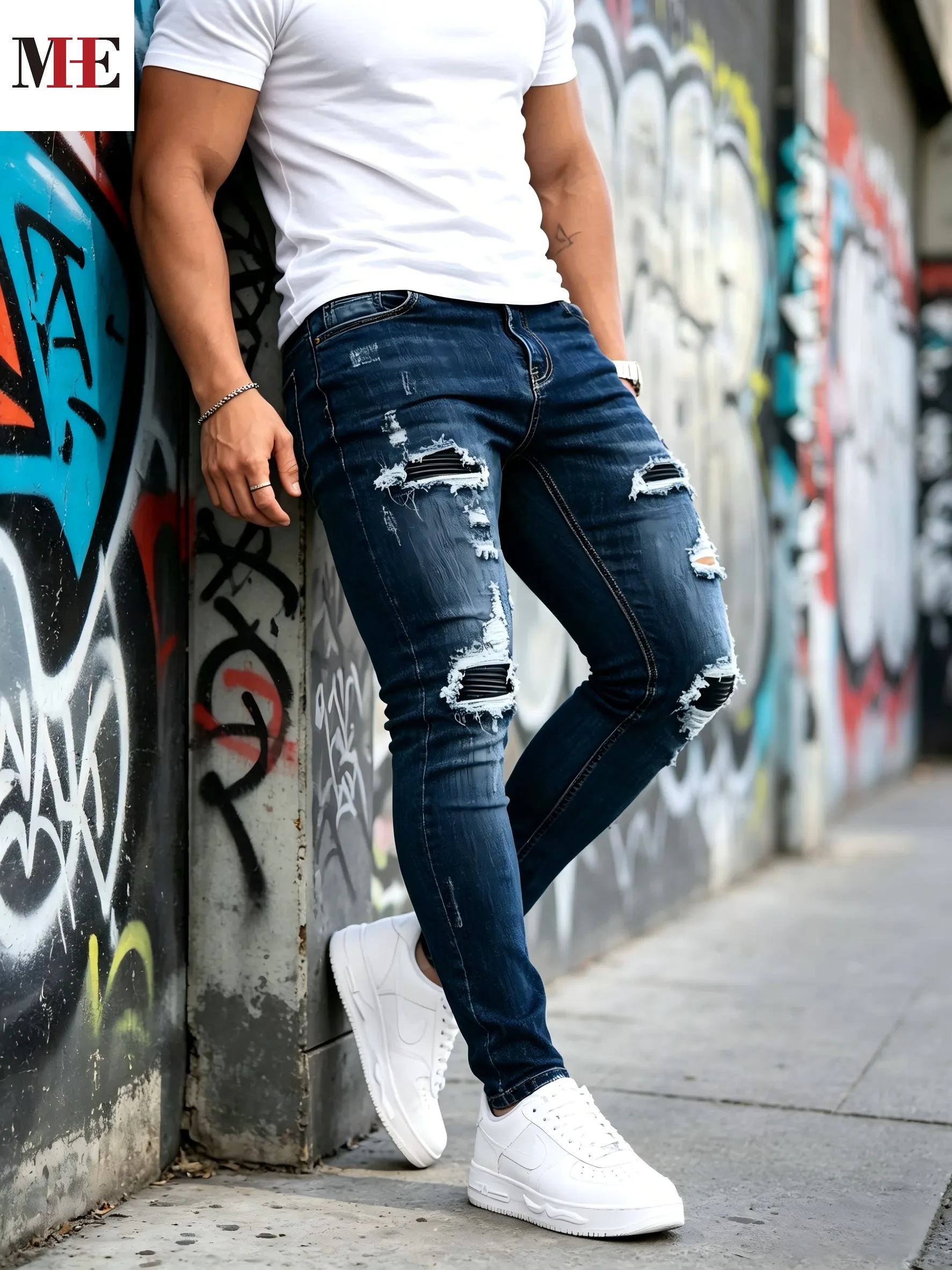 

HME Men's Casual Denim Pants, Dark Blue Slim Skinny Jeans with Black Stripe Patches for Daily Wear