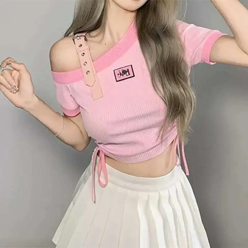 Skew Collar Single Shoulder Girdle Tshirt Women Cute Tees Y2k Punk Summer Draw String Contrast Color Crop Top Slim Short T-shirt