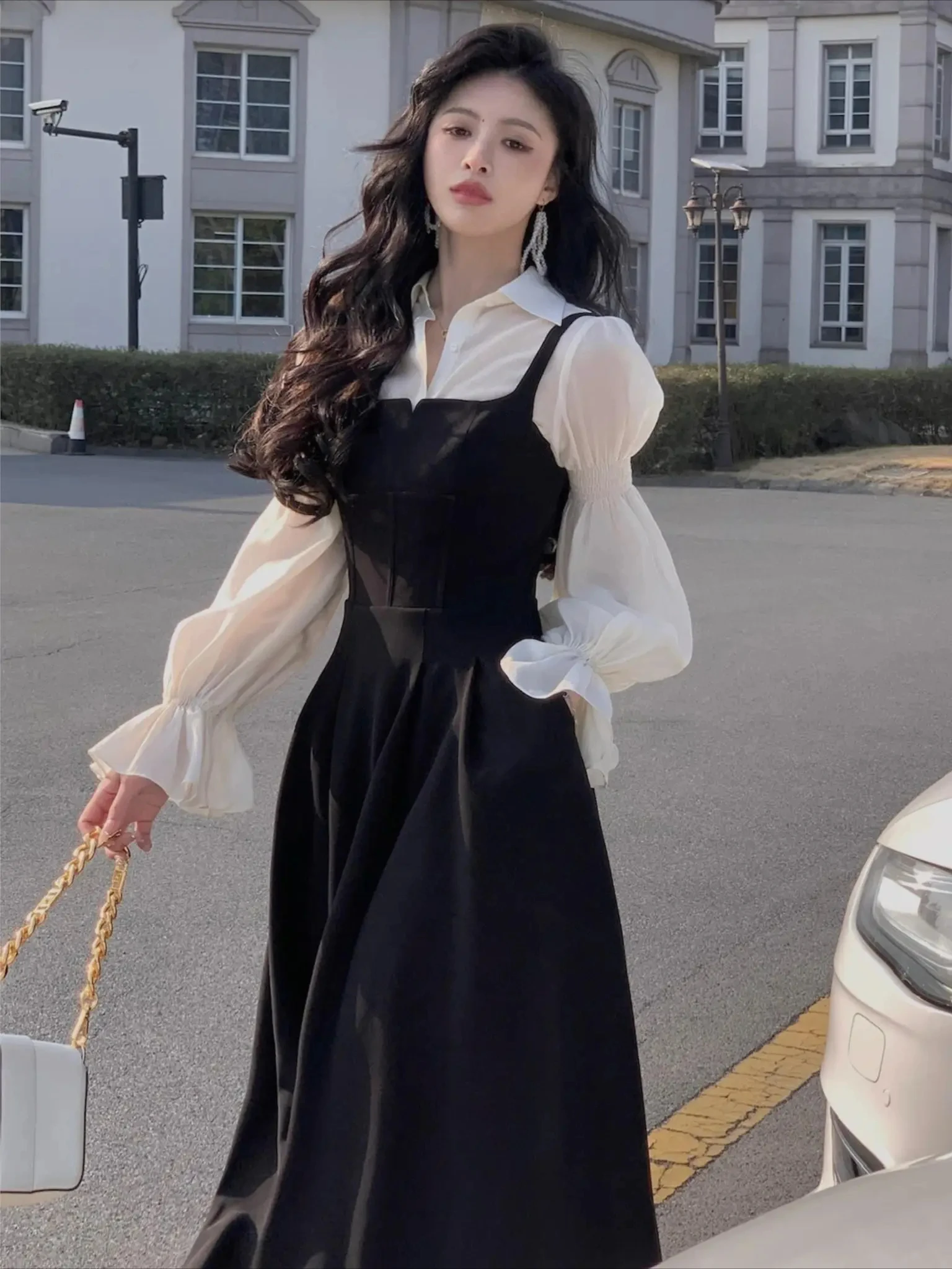 Women Korean Black Dress Set Lantern Sleeve Ruffles Shirt A-Line Strap Vestidos Suit Dancing Parties Outfits Autumn Clothes Z309