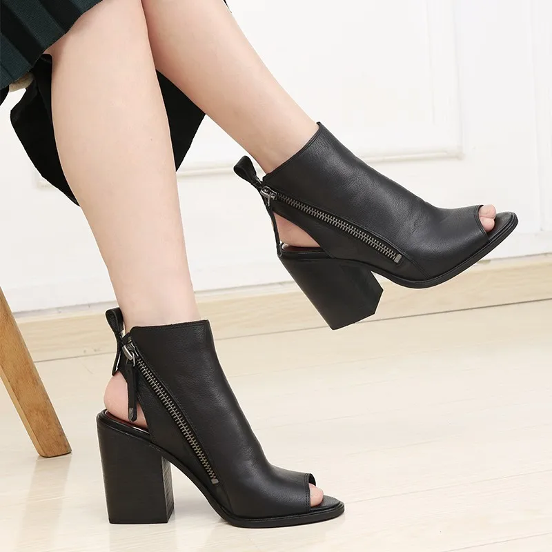 

Women's High Heel Sandals Leather Hollow out Chunky Heel Faion Boots Spring Summer Low Cut Ankle Strap Rubber Sole oes