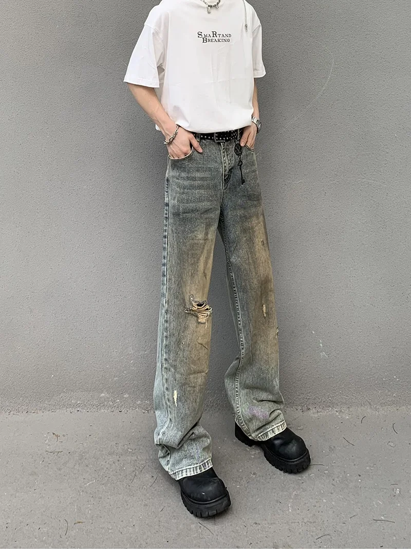 

Venxgen American Retro Dirfit Ripped Jeans Men's Vintage Embroidery Key High Street Long Pants Women's Casual Wear