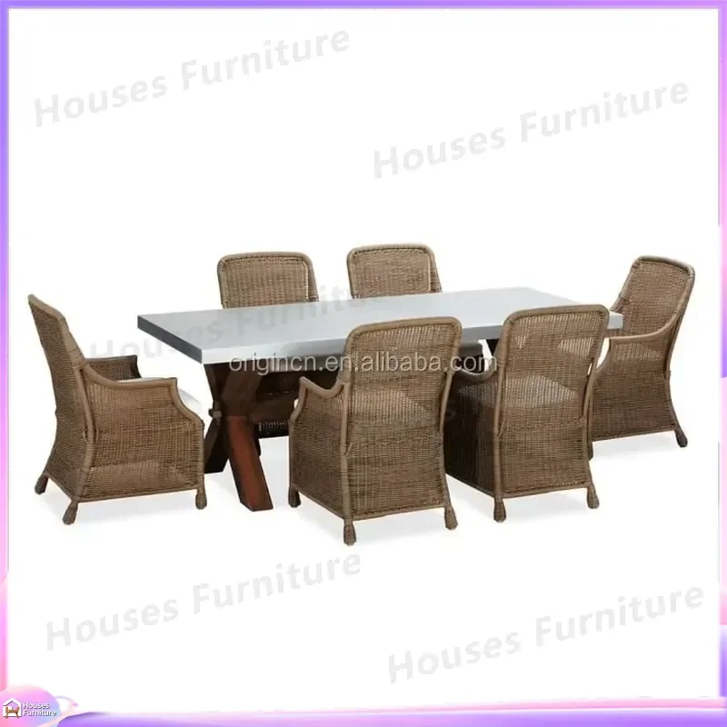 Outdoor Garden Furniture Set Rattan Dining Table and Chairs Zinc Top Wooden Picnic Table Patio Bistro Set for Backyard Lawn
