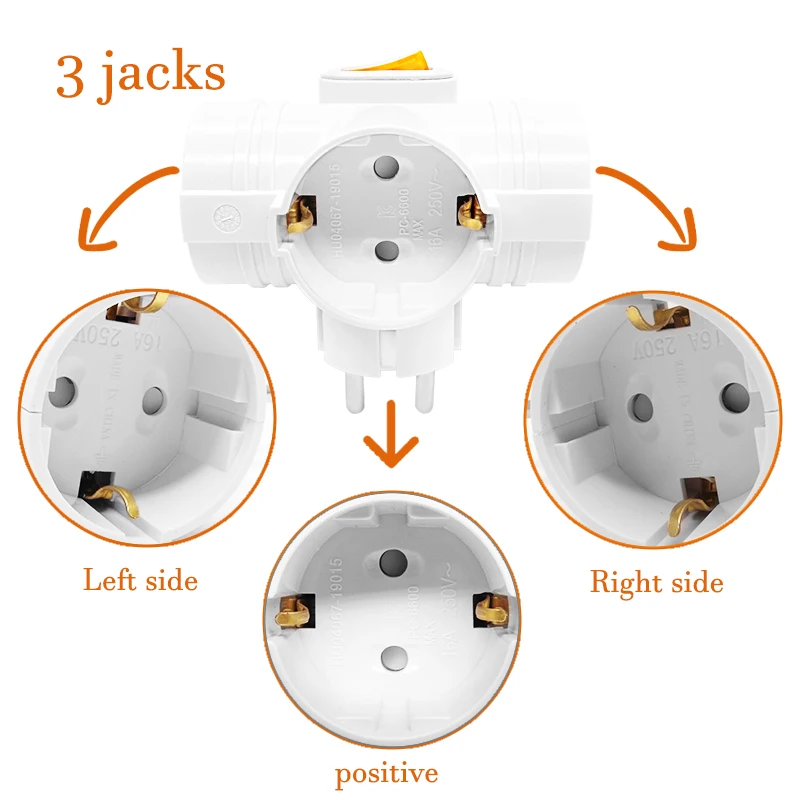 Wall Charger Adapter Power Socket Korea 4.8MM EU Plug to 3AC EU Socket 16A 250V Multif European Type Conversion Plug with Switch