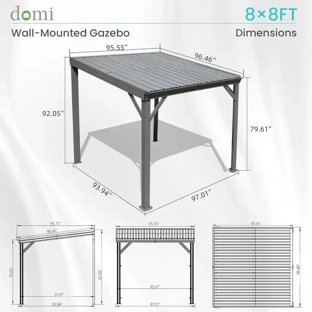 8' x 8' Lean-to Pergola with Drainage, Galvanized Steel Roof, Ideal for Patios, Decks, and Backyards