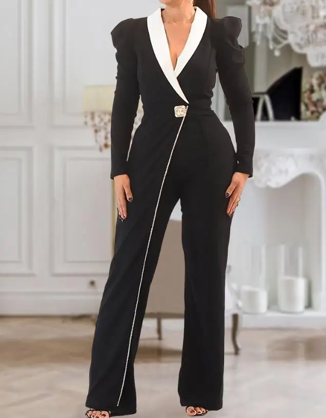 

Jumpsuit Women 2025 Spring Colorblock Long Puff Sleeve Jumpsuit with Shawl Collar Casual Faux Two Piece Button Details Romper