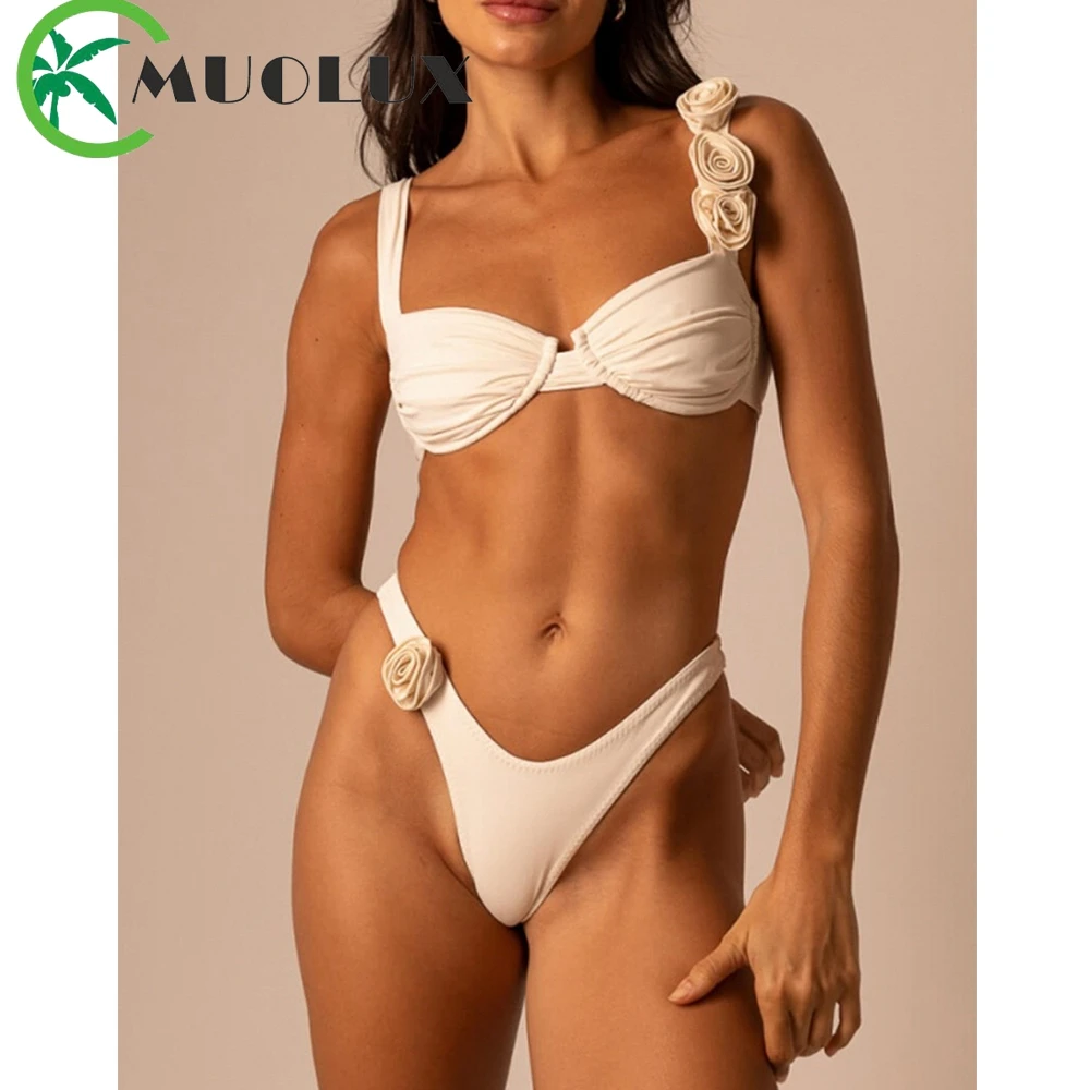 

2024 Sexy 3D Flower Push Up Bikini Set Solid Two-Pieces Women Swimsuit Girl Brazilian Swimwear Bathing Suit Beach Biquini