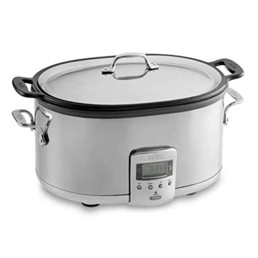 7-Quart Stainless Steel Electric Slow Cooker with Programmable LCD Timer Aluminum Insert Silver Kitchen Appliance for Home Use