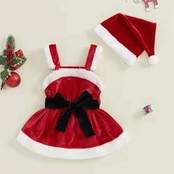 SUNSIOM 0-3 Years Baby Girls Christmas Dress Velvet Terry Trim Bow Waistband Sleeveless A-Line Cami Dress Hat Outfits