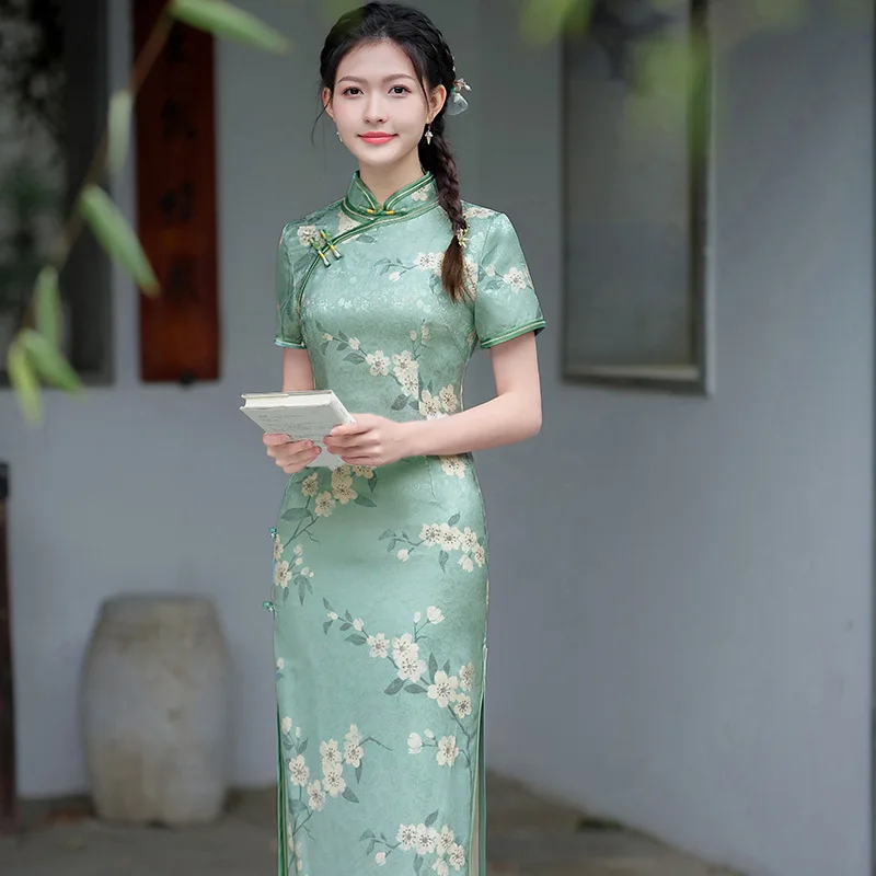 

Yourqipao Summer Green Improved Cheongsam Long Retro Skirt Elegant Gentle Fashion Qipao Chinese Style Evening Dress for Women