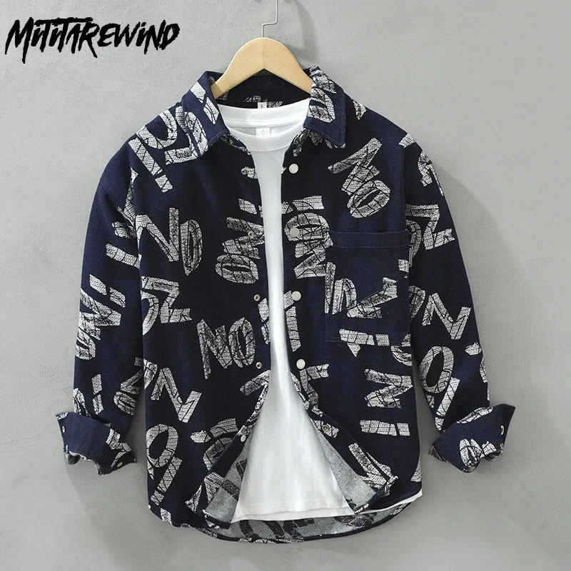 

Spring Fall New Letters Printed Shirt Men High Street Loose Shirts Casual Lapel Pocket Long Sleeve Shirt Youth Fashion Overshirt
