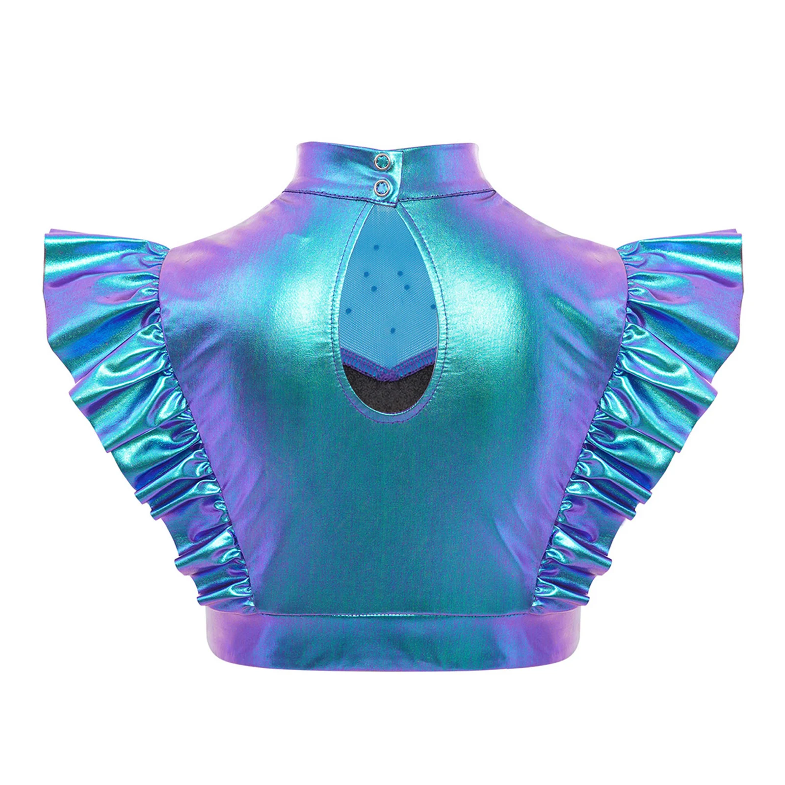 Kids Girls Ruffled Crop Tops Metallic Tank Crop Tops 70s Disco Outfit Jazz Dance Costume Sleeveless Shiny Performance Dance Wear