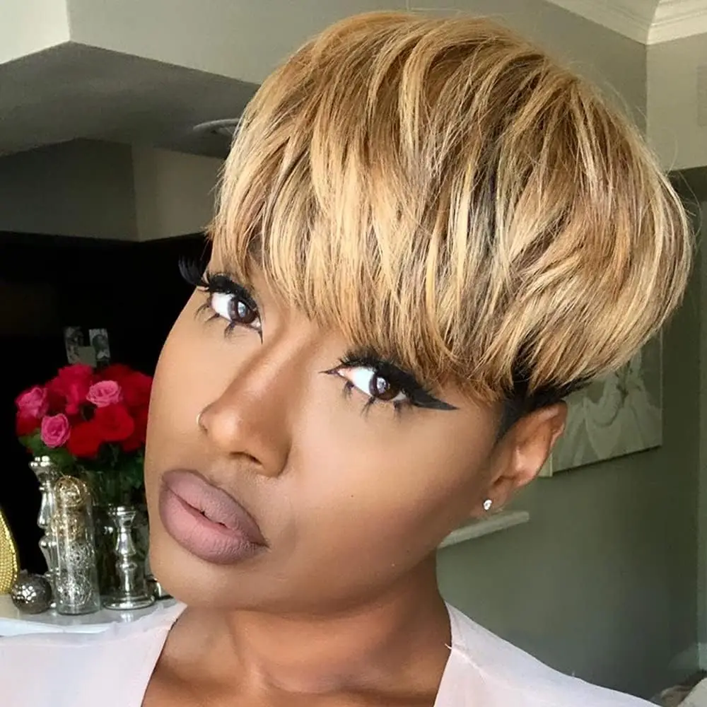 6 Inch 150% Density Pixie Hair Cut Black Women Short Bob Wig Human Hair Ombre No Lace Front Wig With Bangs Full Machine Made Wig