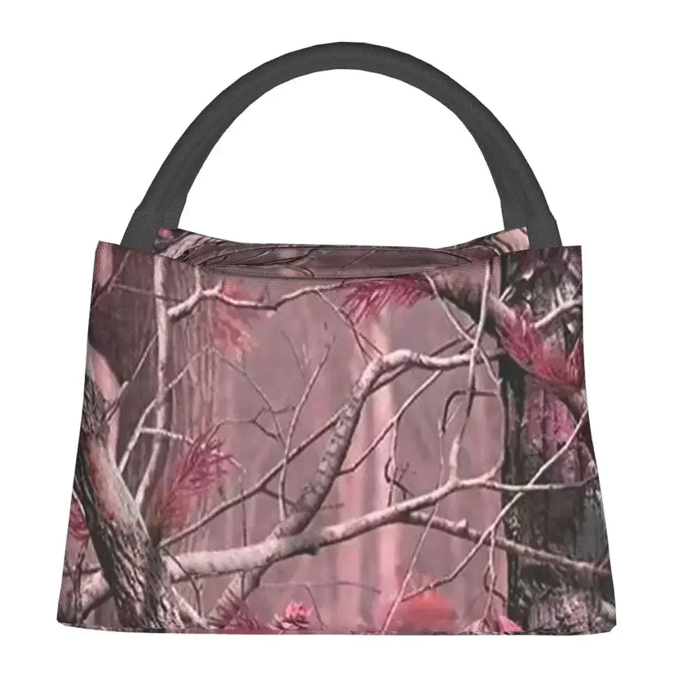 Pink Hunting Camo Camouflage Pattern Insulated Lunch Tote Bag for Women Leaves Woods Season Resuable Cooler Thermal Bento Box