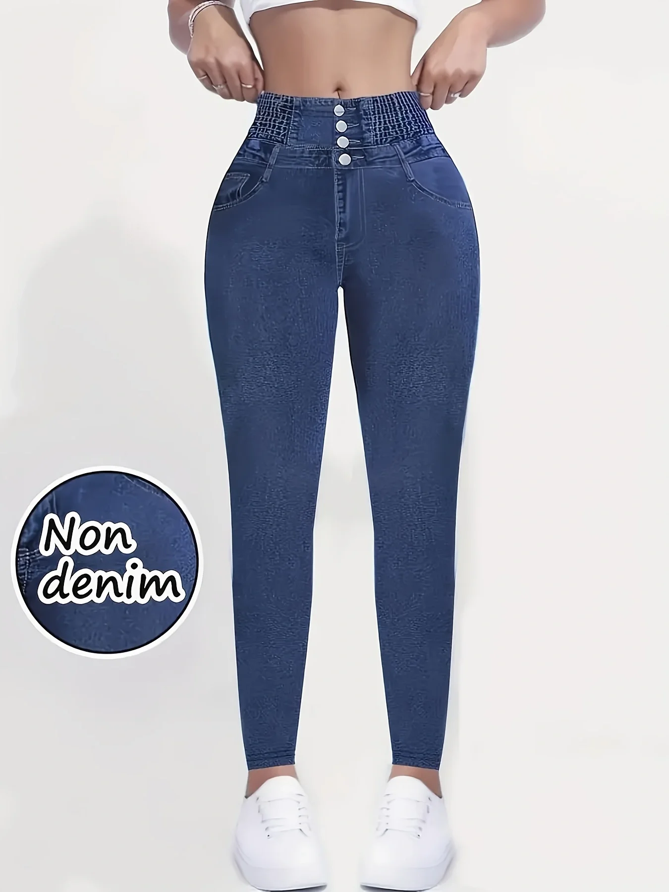Women Printed Leggings Not Denim Fabric, Fake Pocket & Button Print Design Pants, High Elastic Fashion Slim Fit Skinny Casual