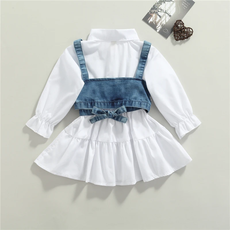 Moda crianças roupas da menina do bebê cor sólida manga longa camisa vestido denim miçangas colete 2 pçs roupas