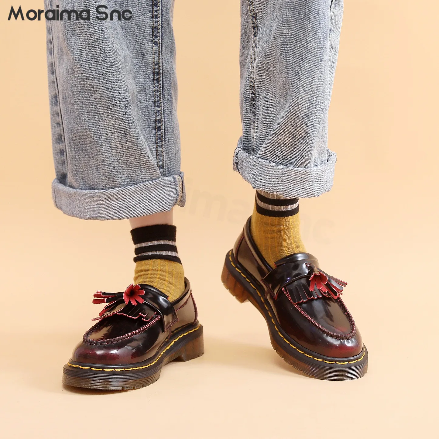 Red Tassel Loafers Round-Toe Leather Low-Heeled Business Shoes Fashionable Large Size Casual and Comfortable Women's Shoes