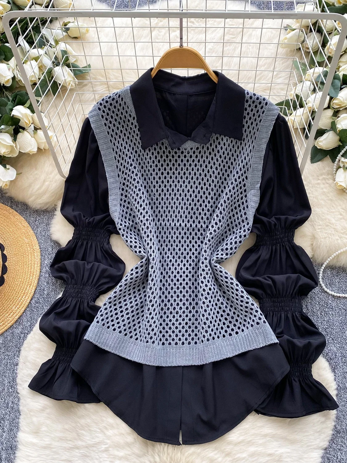 

Корейский модный женский осенний вязаный жилет с одной пуговицей, свободного кроя, с объемными рукавами и ажурной вязкой, повседневная рабочая одежда