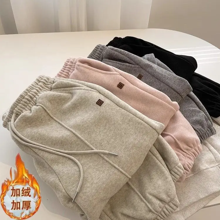 

Pink Glutinous Rice For Women, Autumn And Winter, Fleece-Lined, Thickened, Slimming, Versatile, Lazy Style, Sports Sweatpants,