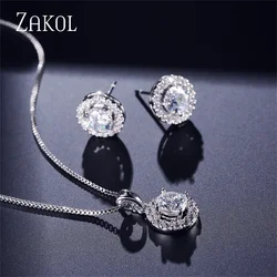 ZAKOL Nigerian Round Cubic Zirconia Wedding Jewelry Sets for Women Classic Micro Inlay Crystal Bridal Earrings Necklace Set