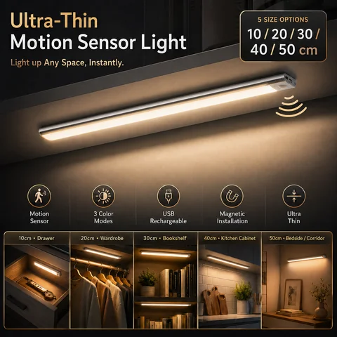 Ultra Thin Wireless LED Cabinet Light Motion Sensor USB TypeC Rechargeable Magnetic Dimmable 3Colors Indoor for Kitchen Wardrobe
