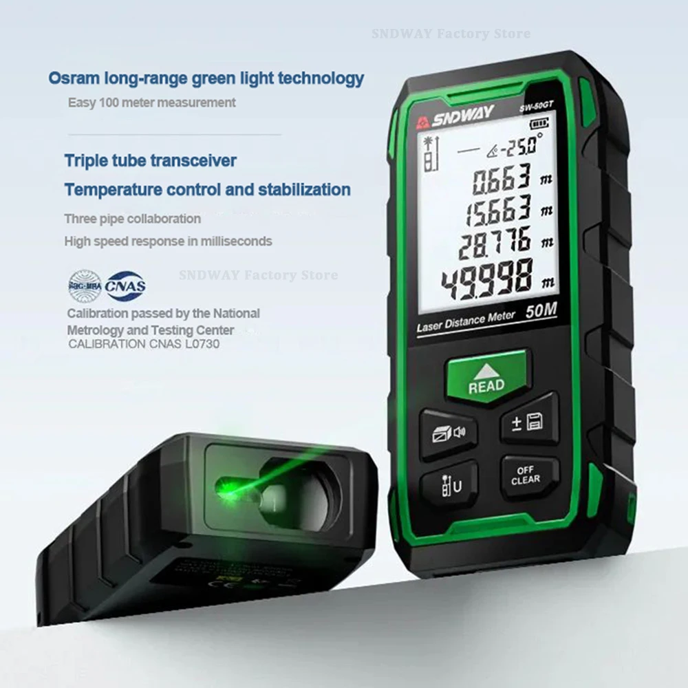 SNDWAY SW-50/70/100GT Laser Distance Meter Digital Rangefinder Professional Laser Range Finder Rechargeable Green Laser Meter