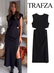 TRAFZA 2023 Women Elegant Cut Out Black Dress Sleeveless Midi Party Dresses Woman Ruched Dress Evening Summer Long Dresses